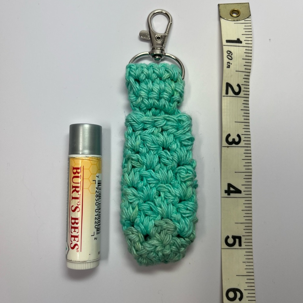 Handmade Crochet Lip Gloss Holder Keychain Approx 5-1/2” long Green